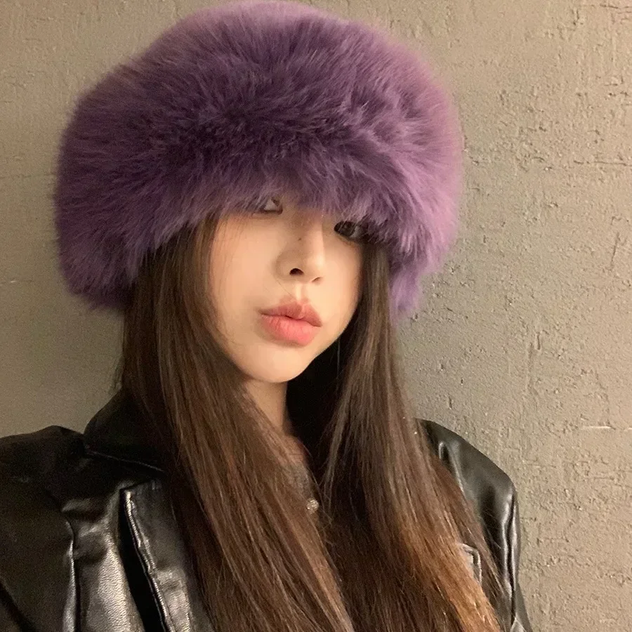 Women's Winter Warm Fur Cap Fashion Hat Plush Ear Protection Hat Brimless Plush Fluffy Skiing Riding Caps Basin Cap Bomber Hats