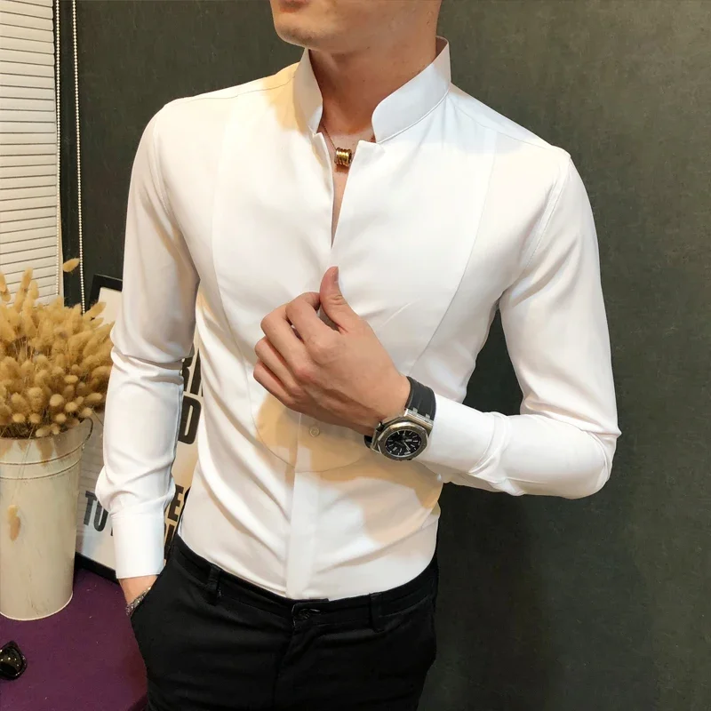 

Spring Men Stand Collar Casual Shirt High Quality Long-Sleeved Slim Men's Solid Color Business Dress Shirt Plus Size 5XL-M JJ65