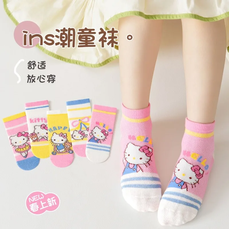 

5 Pairs Sanrio Hello Kitty Kids Socks New Spring Summer Cartoon Mesh Breathable Children Short Cotton Sock for Girls 1-12 Years