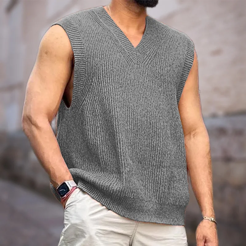 New Knitted Sweater Street Slim V-neck Sleeveless Vest Large Size Muscle Men's Clothing