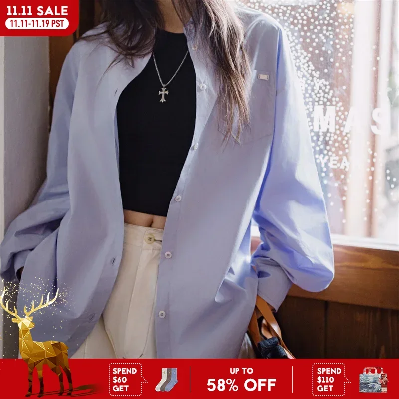 

Maden Women's Spring Oversized Pleated Shirt Vacation Style Purple Long Sleeve Blouse Casual Single Breasted Notch Lapel Shirt