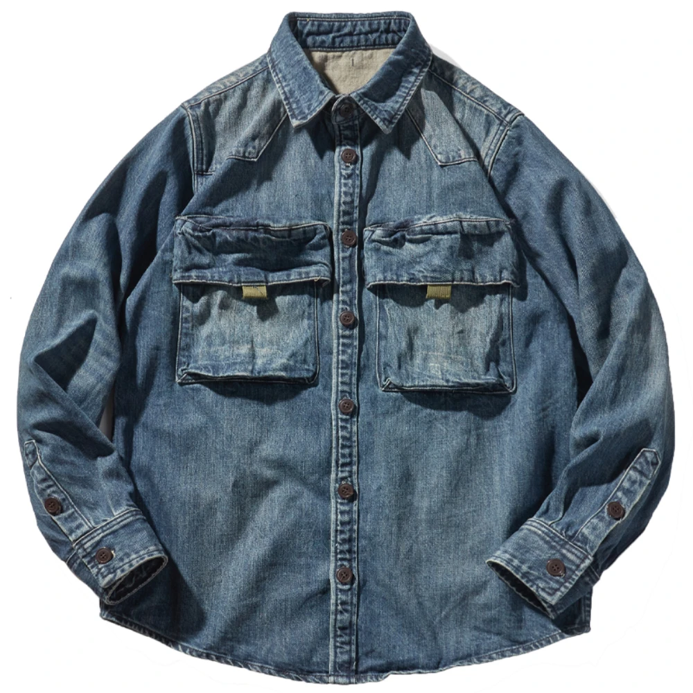 

Autumn casual denim jacket men's American retro multi-pocket tooling lapel Joker jacket tide