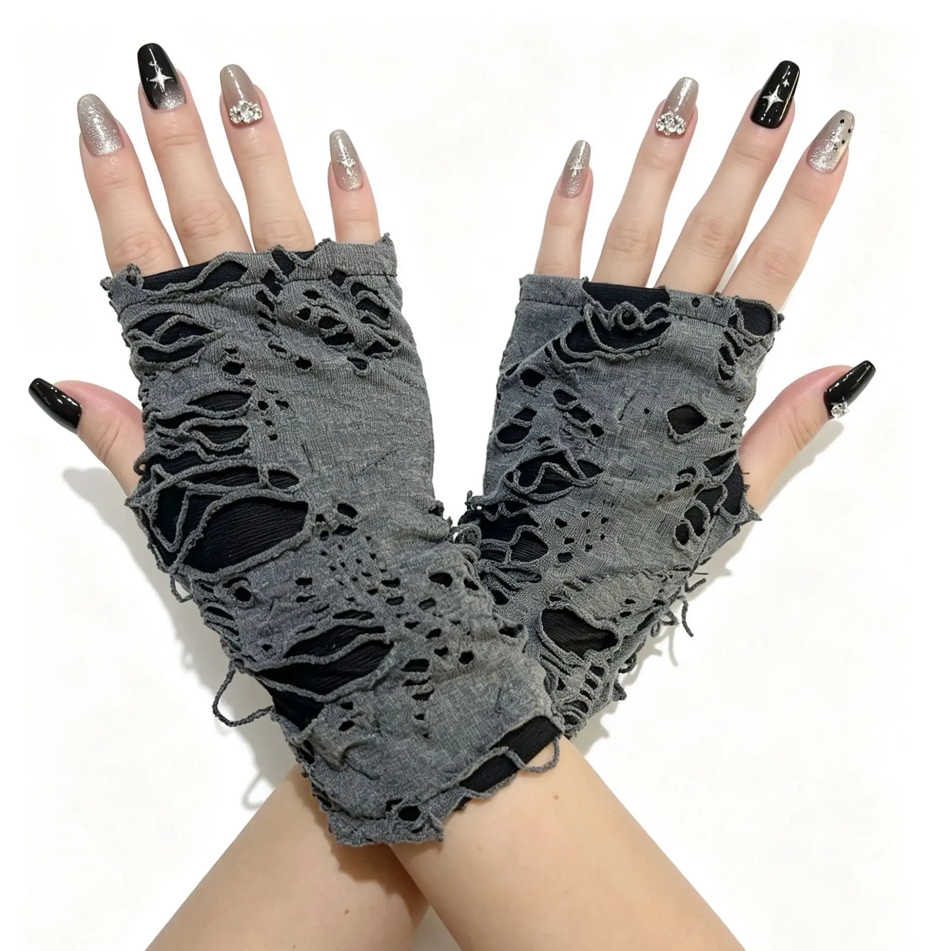 Fingerless Gloves Long Double Layer Ripped Distressed Arm Sleeves Subculture Beggar Halloween Lightweight Black Women Party Knit