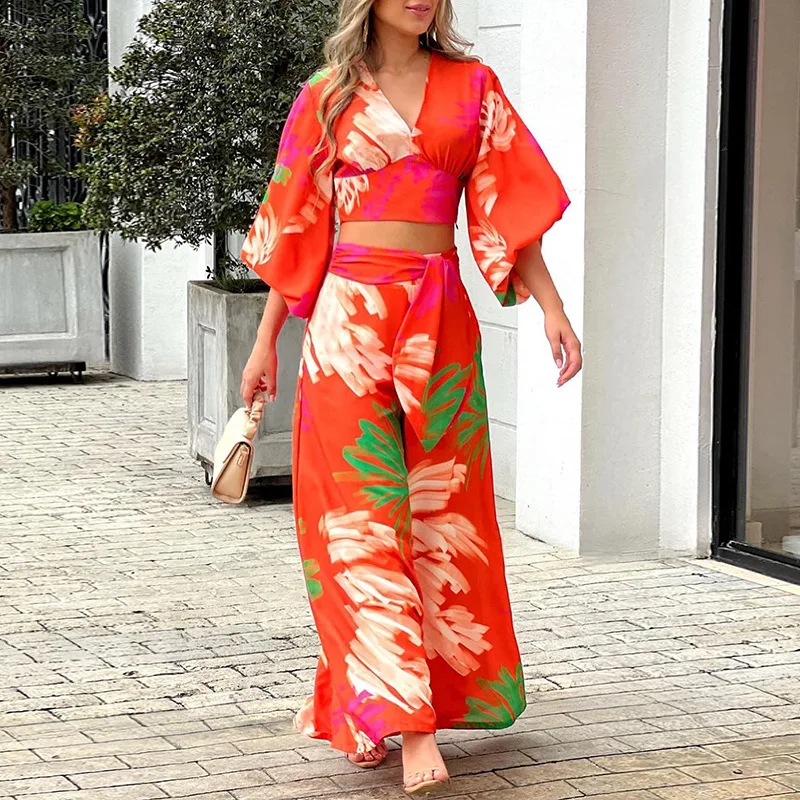 

Women's 2023 Summer New Sweet Print V-Neck Lantern Sleeve Short Shirt High Waist Wide Leg Pants Two Piece Set