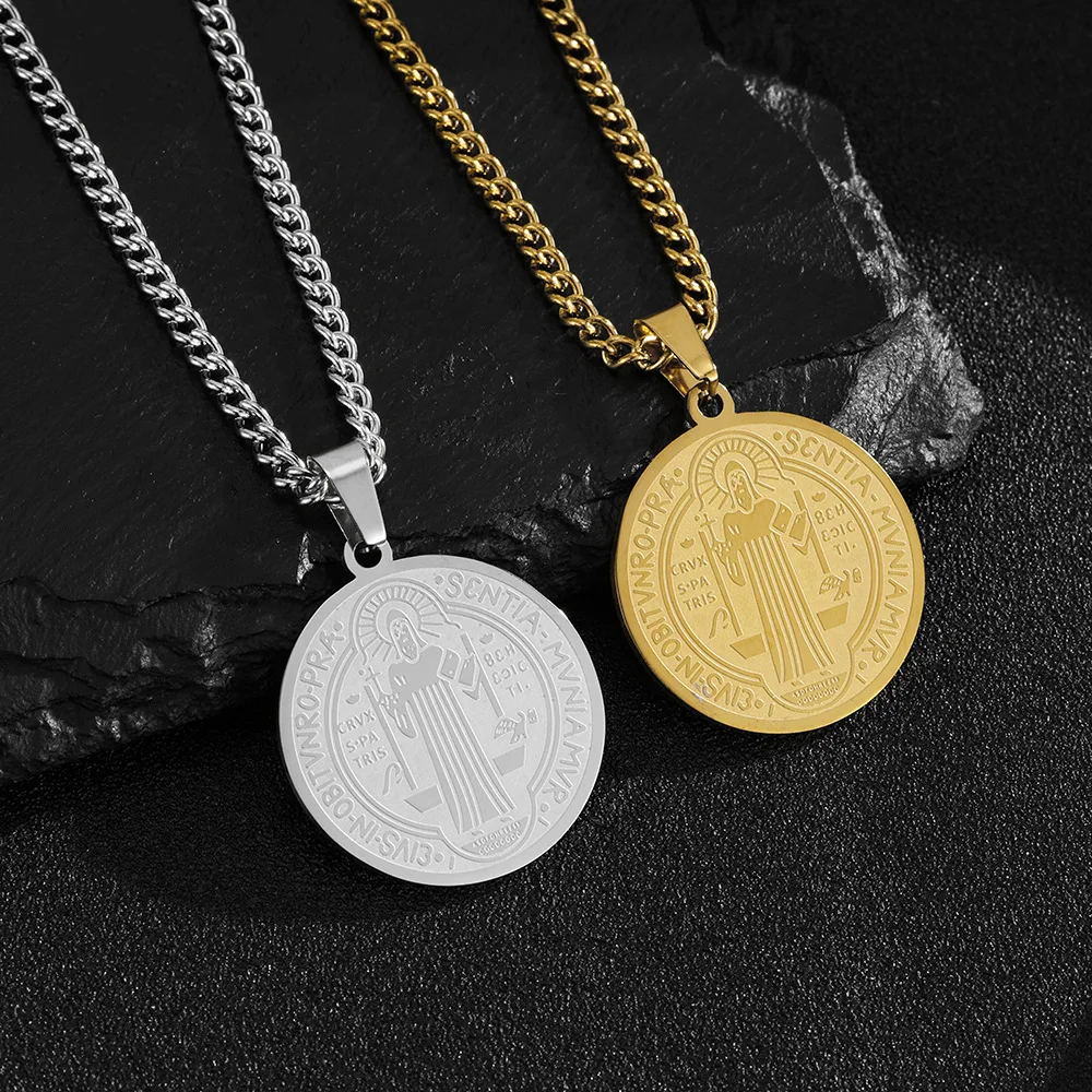 

Винтажный круглый кулон из титановой стали с вакуумным покрытием, ожерелье с подвеской Святого Бенедикта и оберегом от сглаза, украшения в стиле ретро