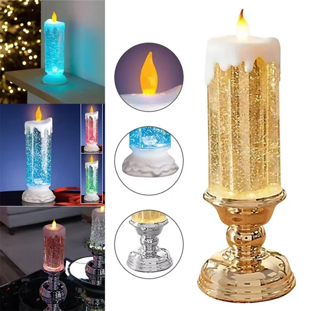 Vela navideña Led, velas de cristal con purpurina dorada, sin llama, decorativa, funciona con pilas, iluminación de decoración para festivales de Hotel