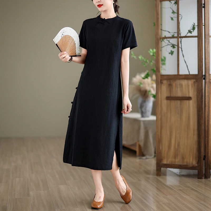 الرجعية الصينية Sle ort Sve القطن الكتان الدكتور المرأة الصيف النسخة الجديدة QiPao Dr طوق زر حتى ميدي طول تنورة
