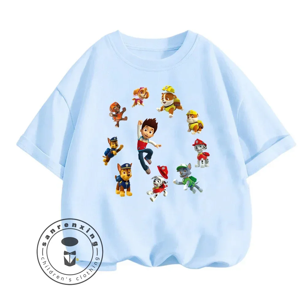 

New 2024 Kawaii PAW Hit Animated Cartoon Character Print Design O-neck Soft Solid Color Short Sleeve Summer Children Daily Wear