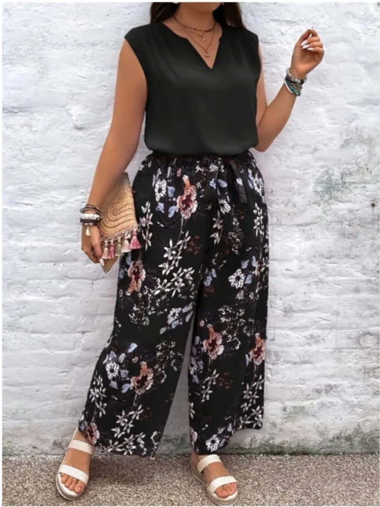 Conjuntos con estampado de moda para mujer, Tops informales holgados sin mangas con cuello en V + pantalones de pierna ancha de cintura alta, conjunto de 2 piezas para vacaciones