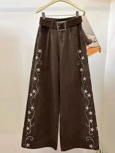 

Ретро джинсы с вышивкой в цветочек, кофейного цвета, с высокой талией, свободные, женские, широкие штанины, осенние, новые, повседневные, стильные