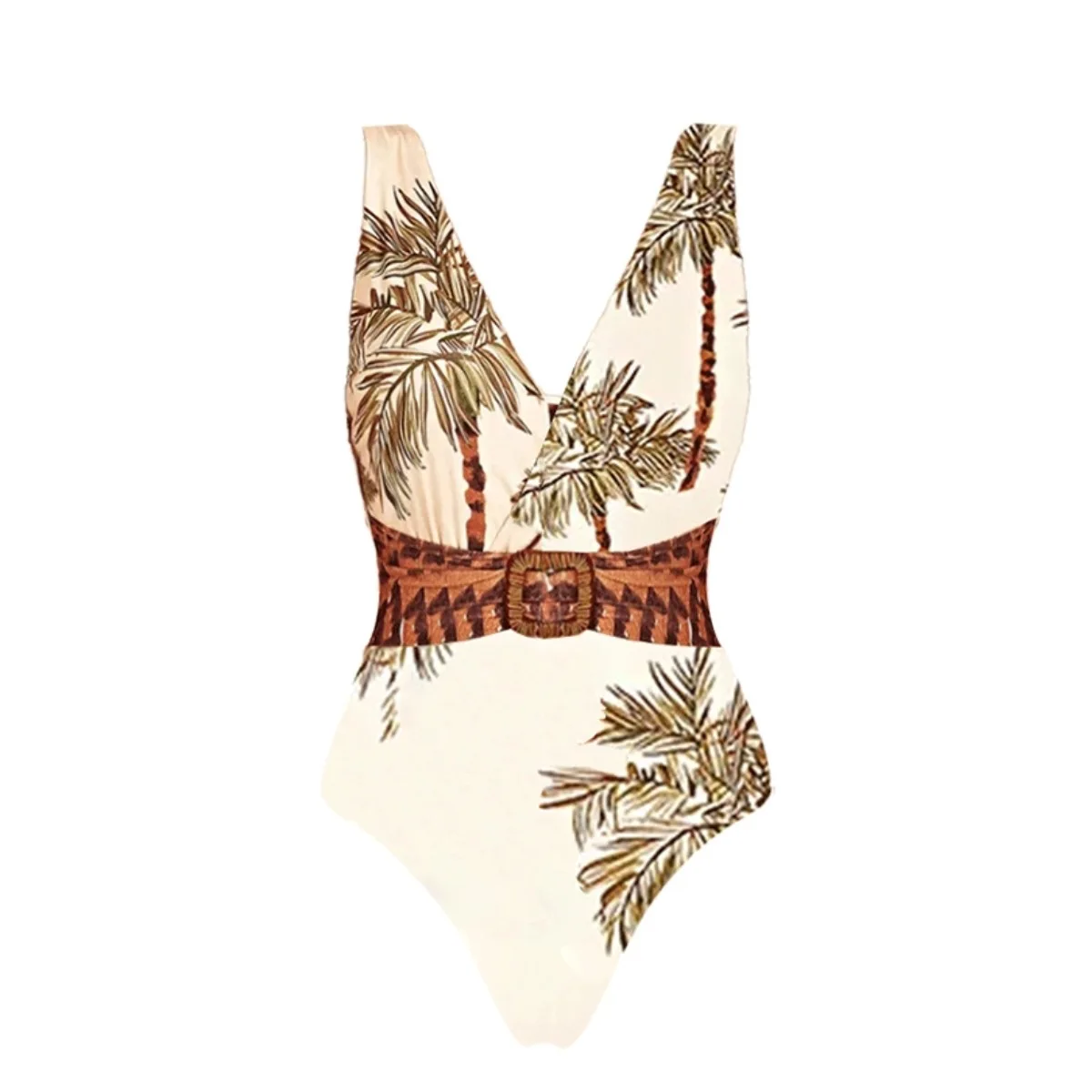 Women's Palm Print Deep V One-Piece Swimsuit Set with Thin Shoulder Straps New Style Casual Fashion Swimwear