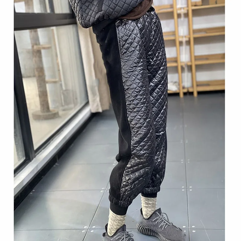 Women Diamond Plaid Thicken Cotton Pants High Street Fashion Bright Face Korean Trousers Winter Female Warm Casual Haren Pants