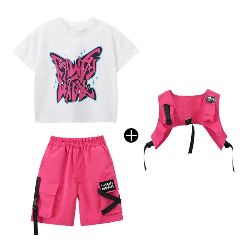Neue Hip Hop Street Dance Kleidung für Jungen Rose Rot Weste Shorts Casual T Shirt Mädchen Jazz Leistung Kostüm Gruppe Bühne Outfits