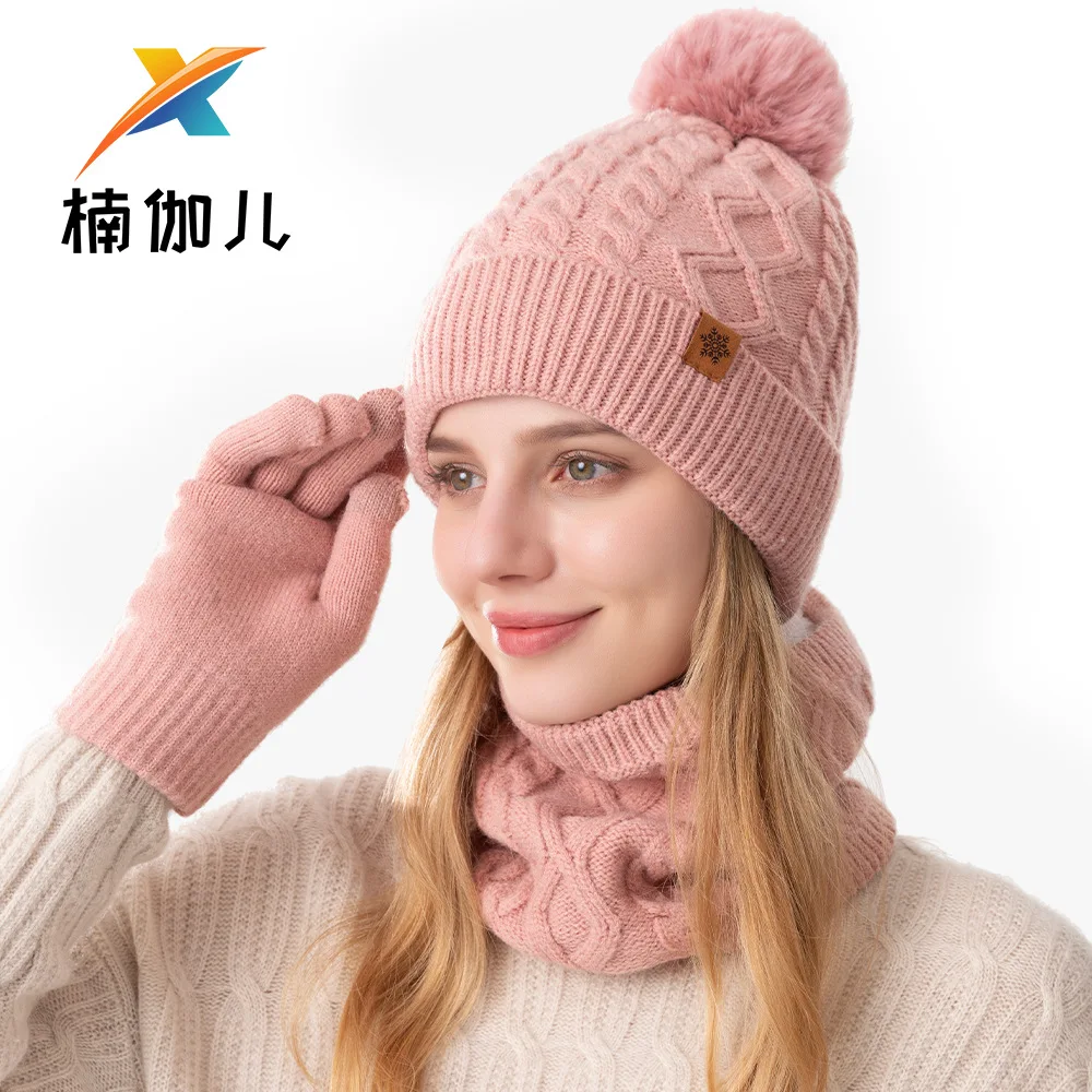 Women's Winter Fleece Lined Knit Hat Scarf Gloves Set Outdoor Riding Ear Cover Warm Beanie EU US view 2