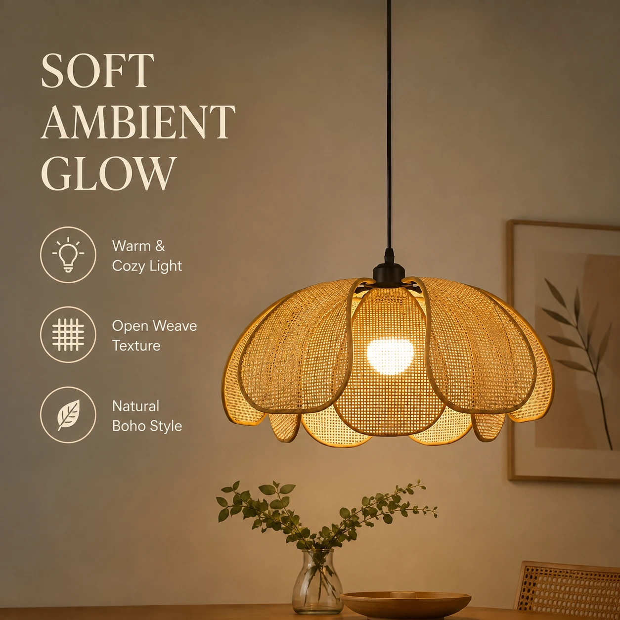 JOYINLED 50cm E26 E27 Woven Bamboo Pendant Light, Boho Hanging Ceiling Lamp for Kitchen Island, Black / White Canopy & Cord