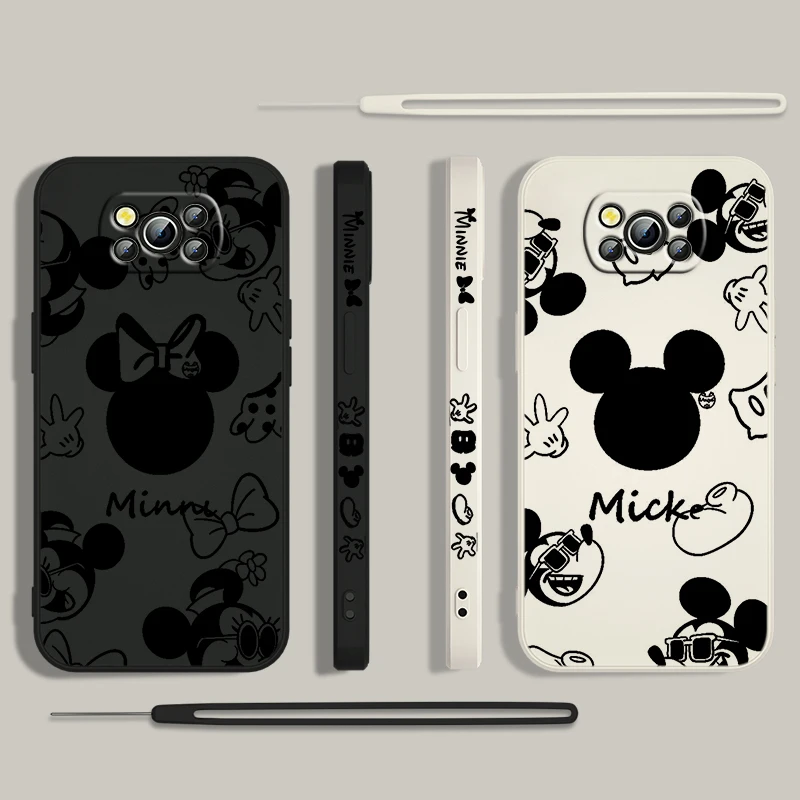 Disney Mickey Minnie Logo For Xiaomi Poco Cover For X4 X3 F4 NFC M6 M5 M4 M3 GT S Pro 4G 5G Liquid Left Rope Phone Case