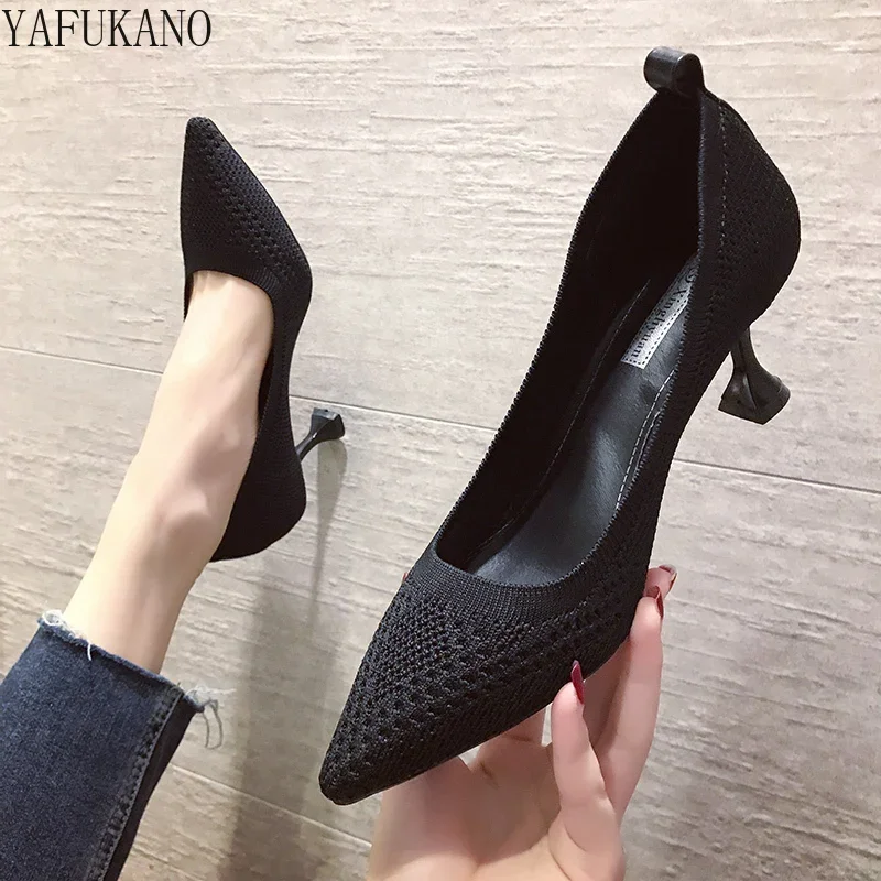 Ol Office Lady Shoes High Heels Knit Stretch Fabric Pumps Women Dress Shoes Black Basic Pump Pointed Toe zapatos mujer Spring