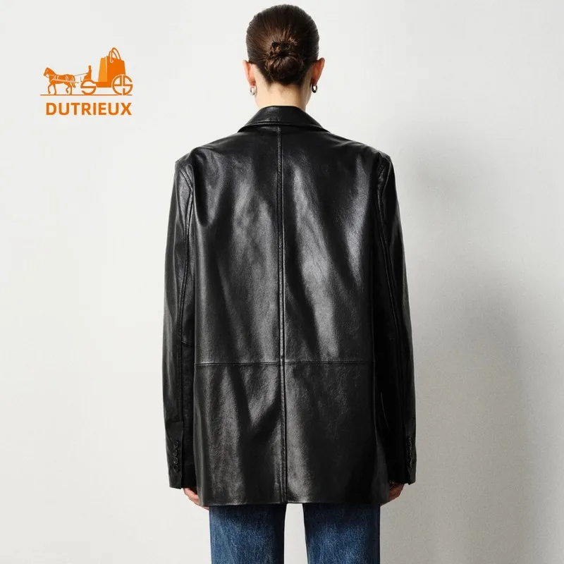 Winter-Damenanzugjacke aus lockerem Leder mit leicht breiter Schulterpartie, 100 % echtes Schaffell, stimmungsvoller, schlichter, klassischer Ledermantel