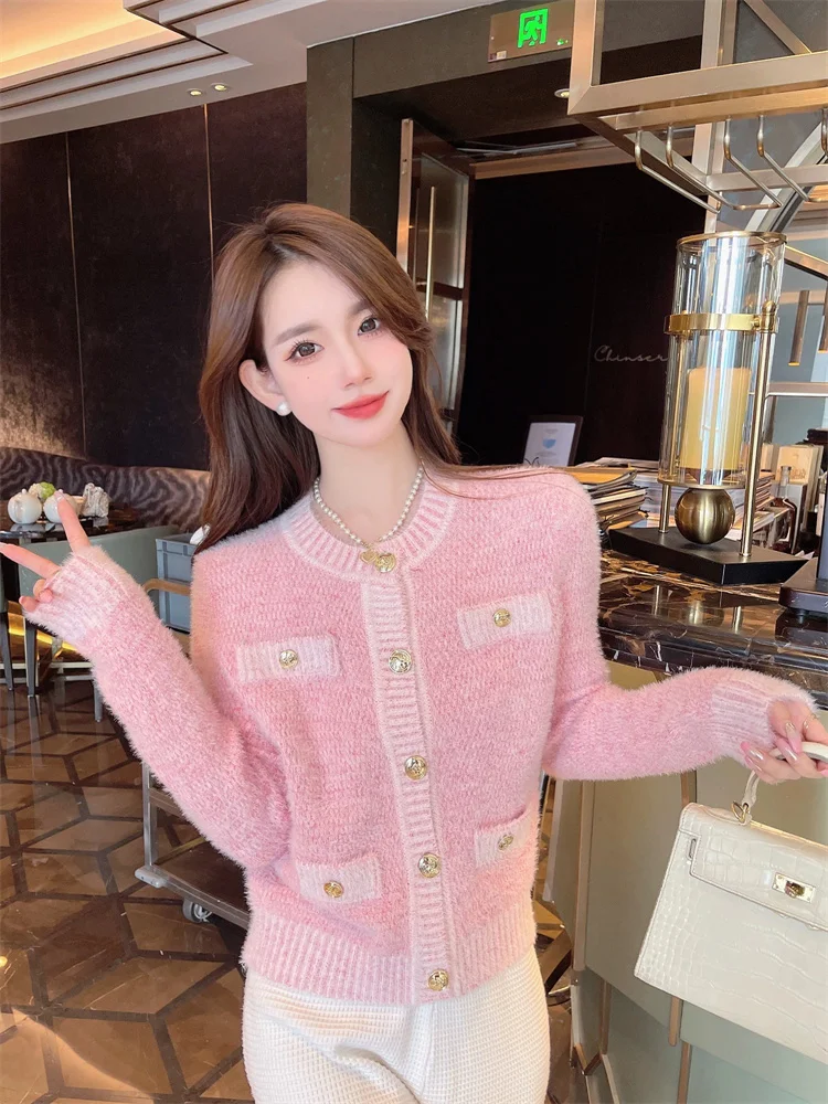 Pink Sweet Women Sweater Streetwear Autumn Fashion Cotton Elegant Casual Simple Office Ladies Knitted Sweater Cardigan