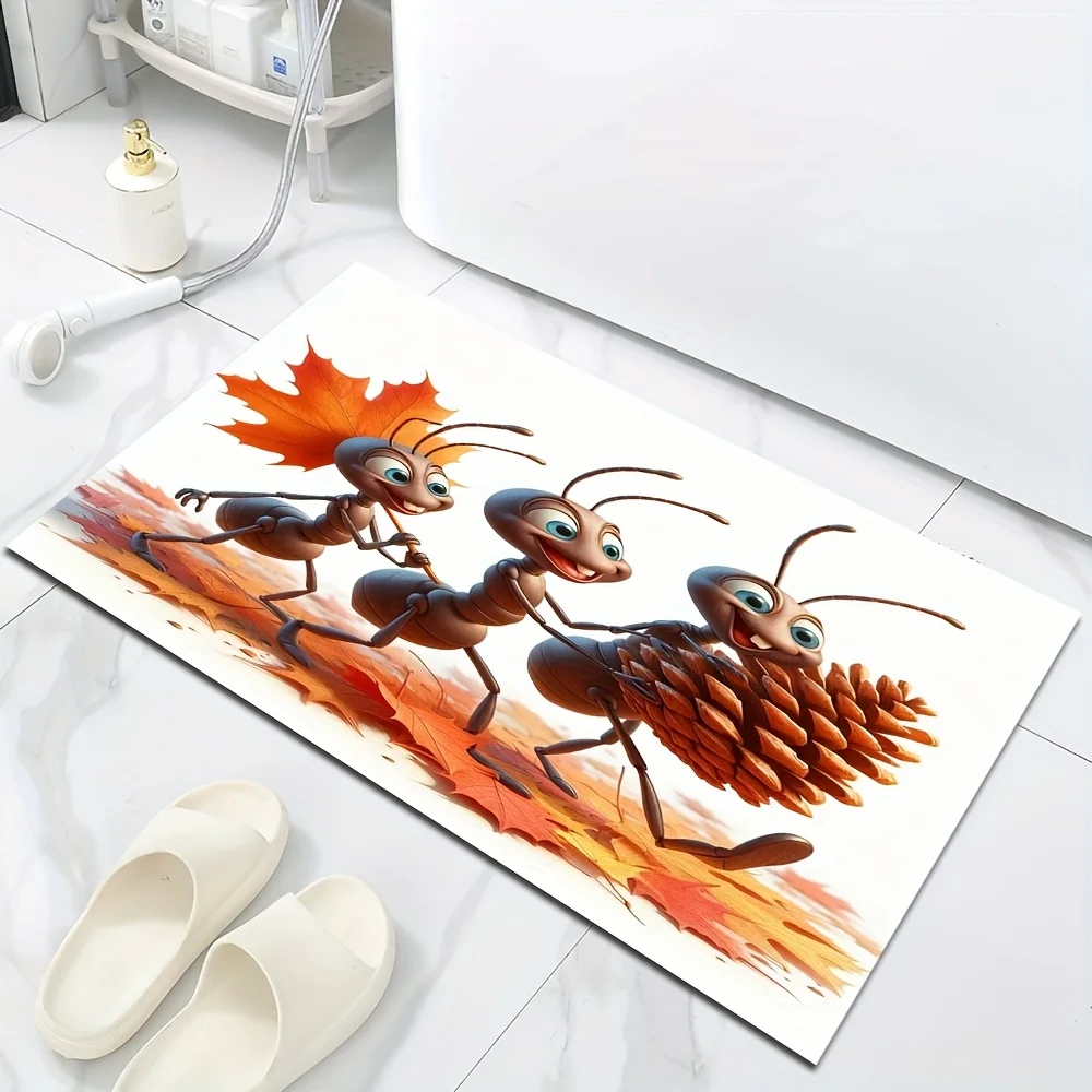 1pc Autumn-Themed Bathroom Non-Slip Mat, Featuring an Ant Pattern with Maple Leaves and Pine Cones on the Back, Soft Polyester