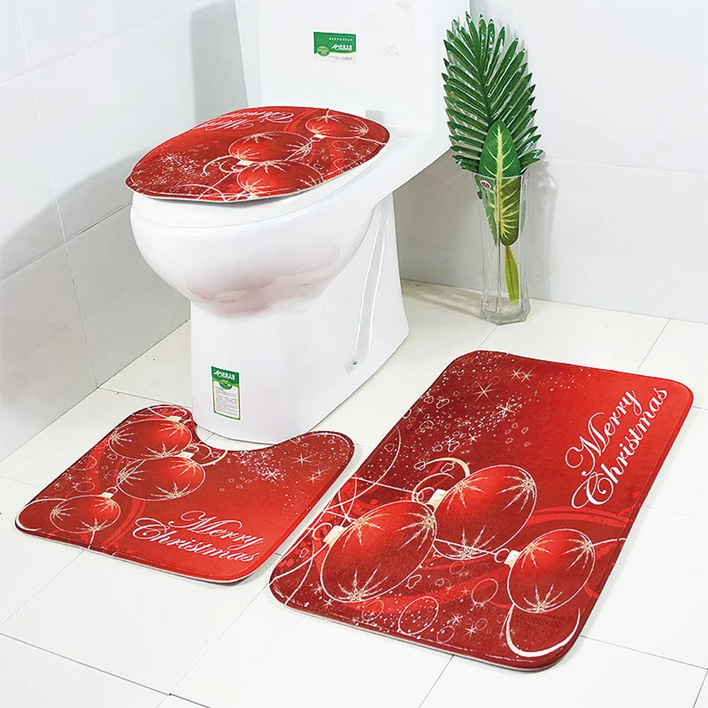 

Red Christmas Ball Toilet Mat Set Antiskid Washroom Carpet Non Slip Design Quick Dry Comfortable Touch Improve Bathroom Outlook