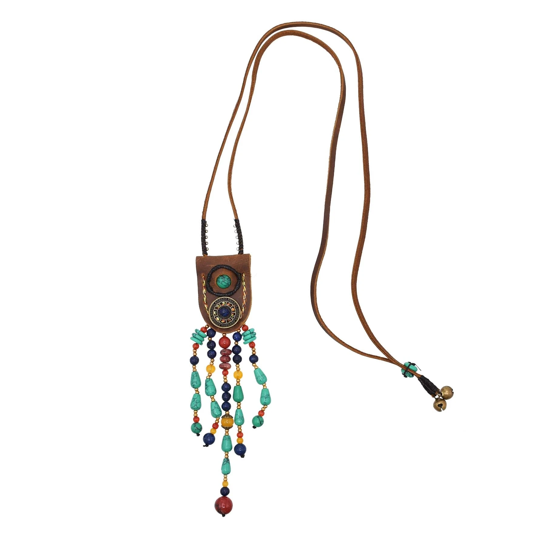 Tibetan Ethnic Leather Turquoise Pendant Necklace Bohemian Traditional Alloy Leaves Tassel Vintage Clothing Choker Jewelry