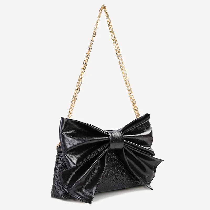 

Luxury Gold Silver Leather Handbag Women's Sweet PU Bow knot Clutch Metal Chain Purse Female Elegant Wedding Party Crossbody Bag
