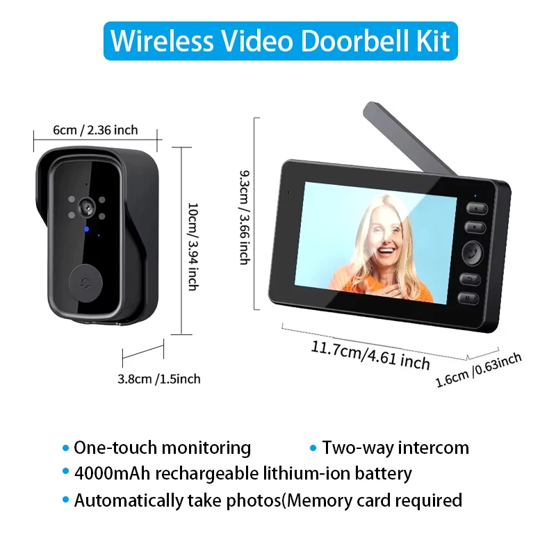 Sonnette vidéo sans fil avec écran de 4.3 pouces, interphone bidirectionnel, Vision nocturne grand Angle HD, interphone vidéo de Surveillance étanche