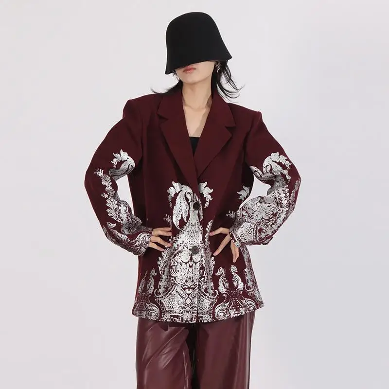 

Retro Gold Stamp Print Design Women's Jaet Autumn Faion Heavyweight Tailoring Sle Long Sve Suit Outerwear