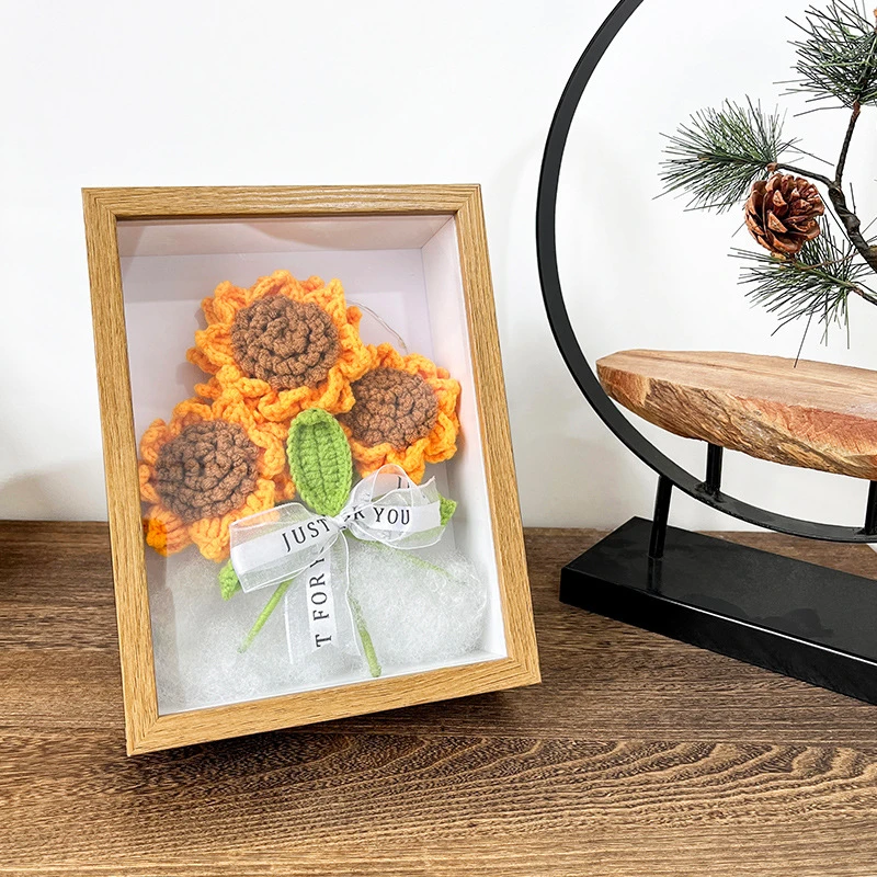 Hand-Woven Creative Ornaments Artificial Flowers Sunflower Photo Frame Desktop Ornaments Bouquet Finished Good Gift