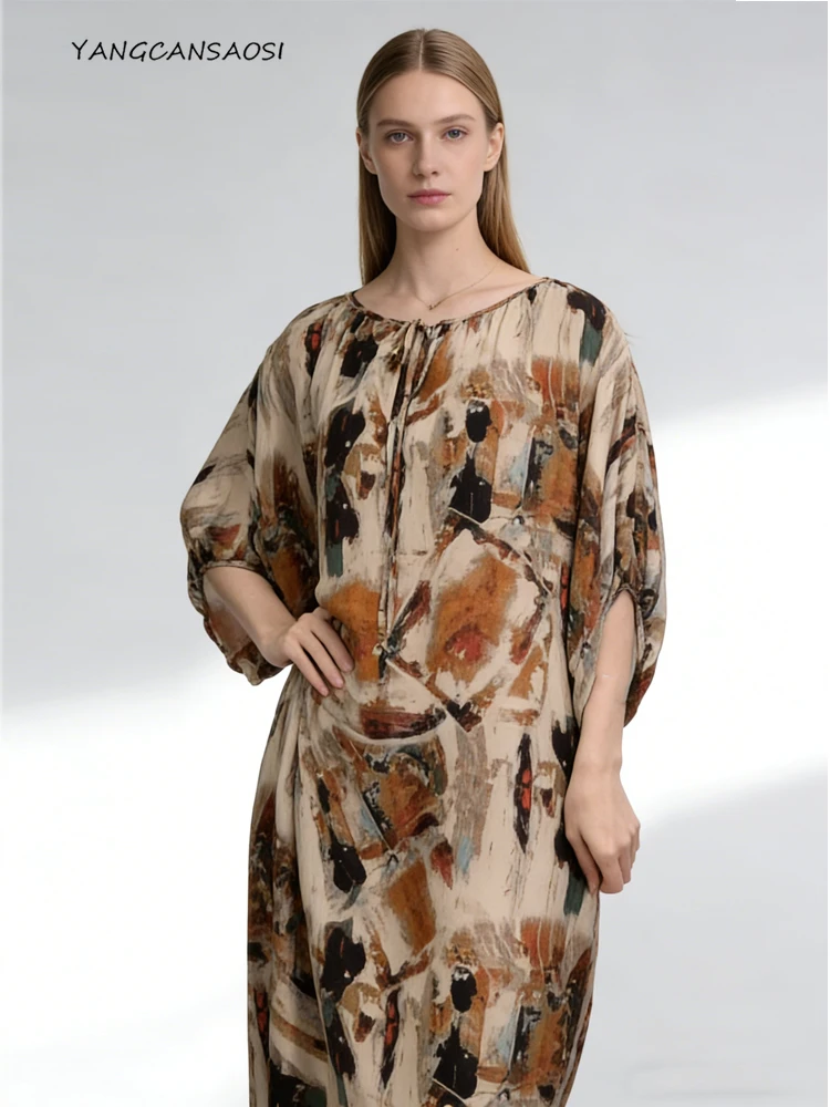 

Design Sense, Fashionable Art Painting, Women's Summer Loose Half Sleeve 100% Natural Mulberry Silk Crepe De Chine Printed Dress