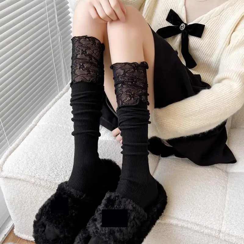 Japanese JK Lace Stockings For Women Lolita French Lace Knee High Boot Socks Sweet Girls Solid Cotton Socks Spring Autumn Socks