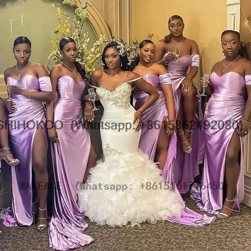 

Lilac Bridesmaid Dresses for African Women 2023 Sweetheart Wedding Party Dress One Shoulder High Side Slit Maxi Gown for Party