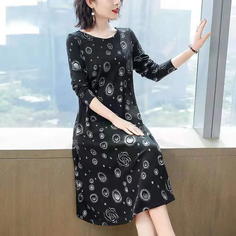 

Spring and Autumn Women's Solid Color Printed Polka Dot Pullover Round Neck Long Sleeve Midi Loose Fashion Casual Elegant Dress