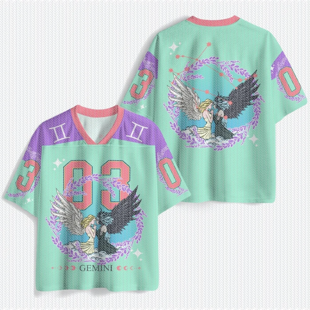 Mesh V-neck Sweatshirt with Full Print Gemini Twin Angel Garland and Star Constellation Pattern Short Sleeved Y2K T-shirt