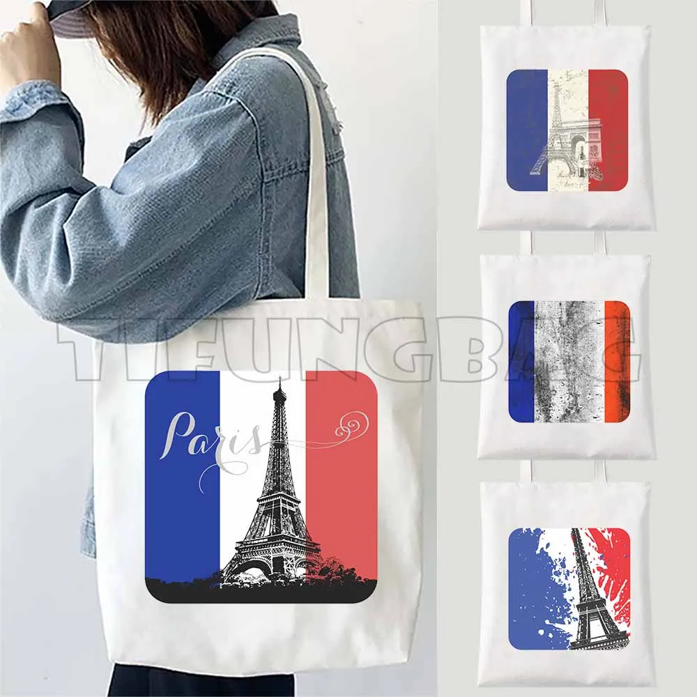 Shoulder Bags French Flag Paris Eiffel Tower Heart Square Tote Bags For Women Shopper Bags Canvas Shoulder Bag Beach Handbag