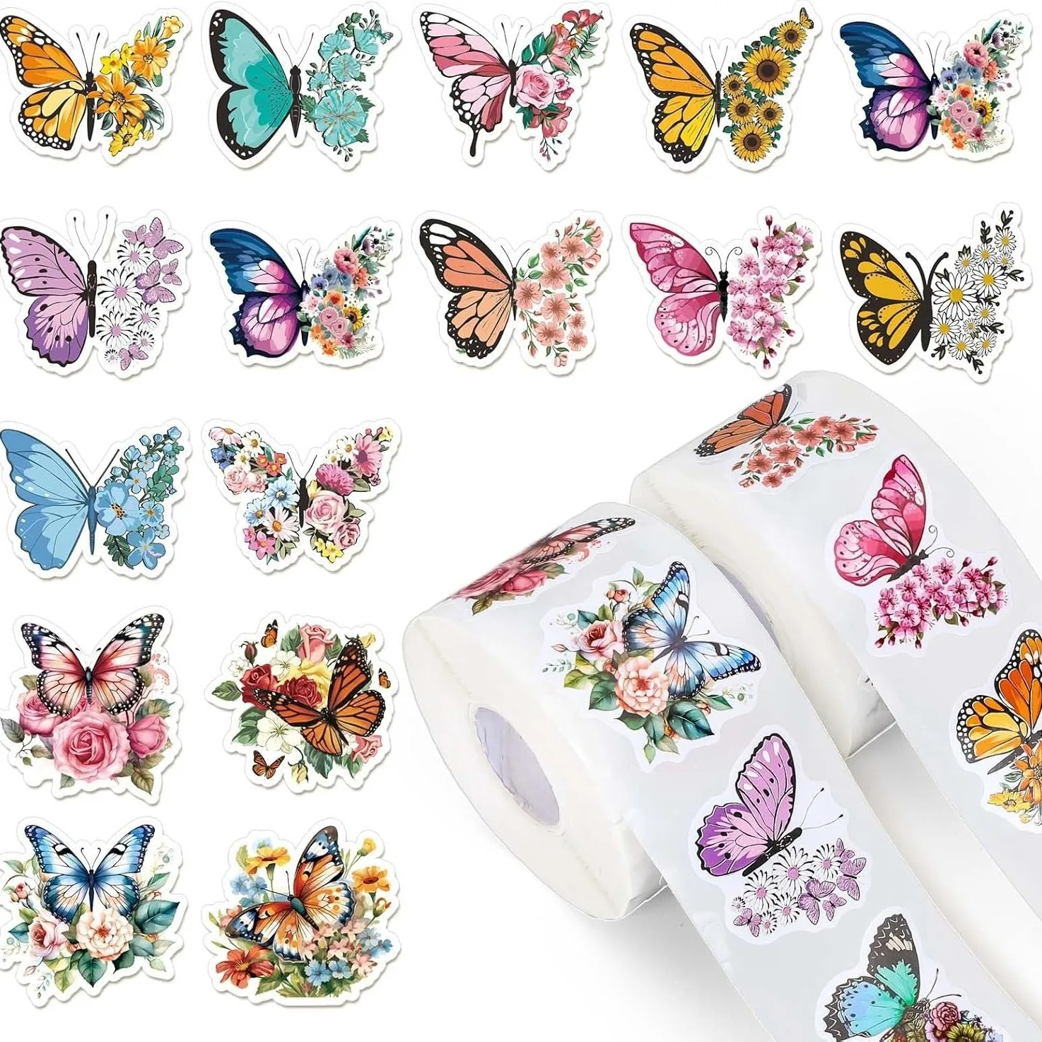 500Pcs /1 Rolls 3.8cm/1.5 inch Butterfly Flower Shaped Sticker Decoration Gift Box Sticker Label Stationery Sticker