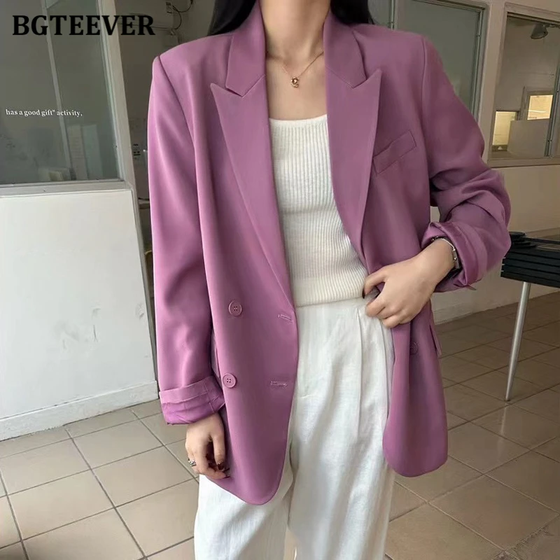 

BGTEEVER Stylish Notched Collar Loose Pockets Women Blazer Spring Elegant Double Breasted Long Sleeve Female Suit Jackets