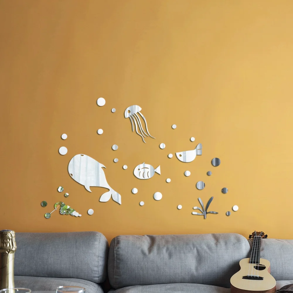 Acrylic Mirror Wall Mural Ocean Fish Pattern Self Adhesive Decal For Modern Home Bedroom Living Room Decoration