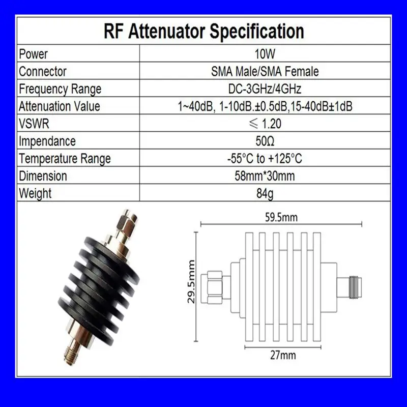 10W SMA-JK RF attenuator , DC -  3GHz /4GHZ/6GHZ,1db,2db.3db,5db,6db,10db,15db,20db, 30dB,40db.50db