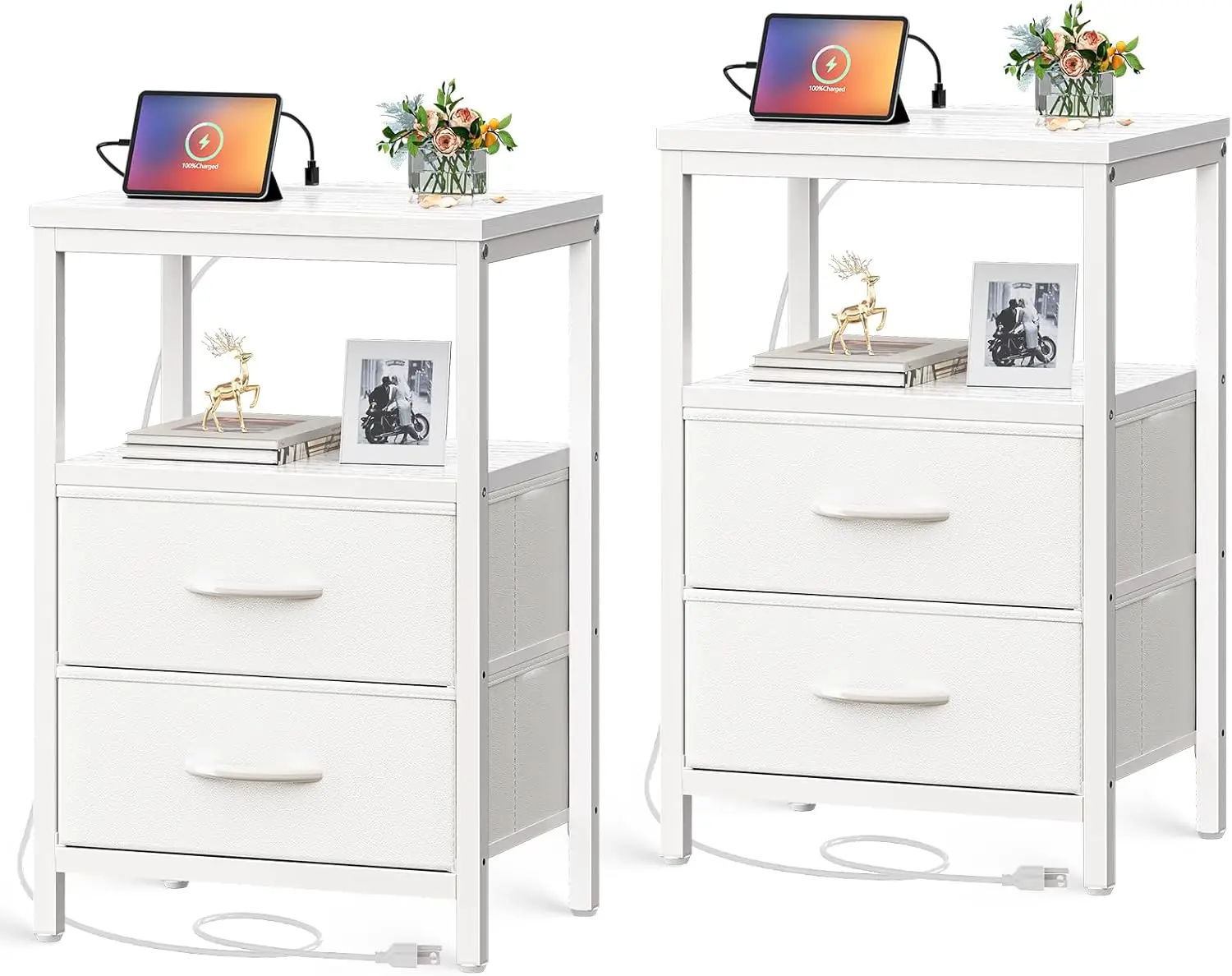 

Nightstands Set of 2, End Tables with Charging Station, Side Tables with Fabric Drawers, Bedside Tables with USB Ports and Outle