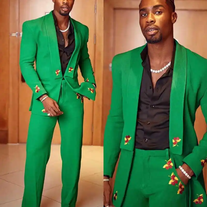 Stylish 2 Pieces Men Suits Shawl Lapel One Button Pant Sets Appliques Prom Male Party Customized Outfits