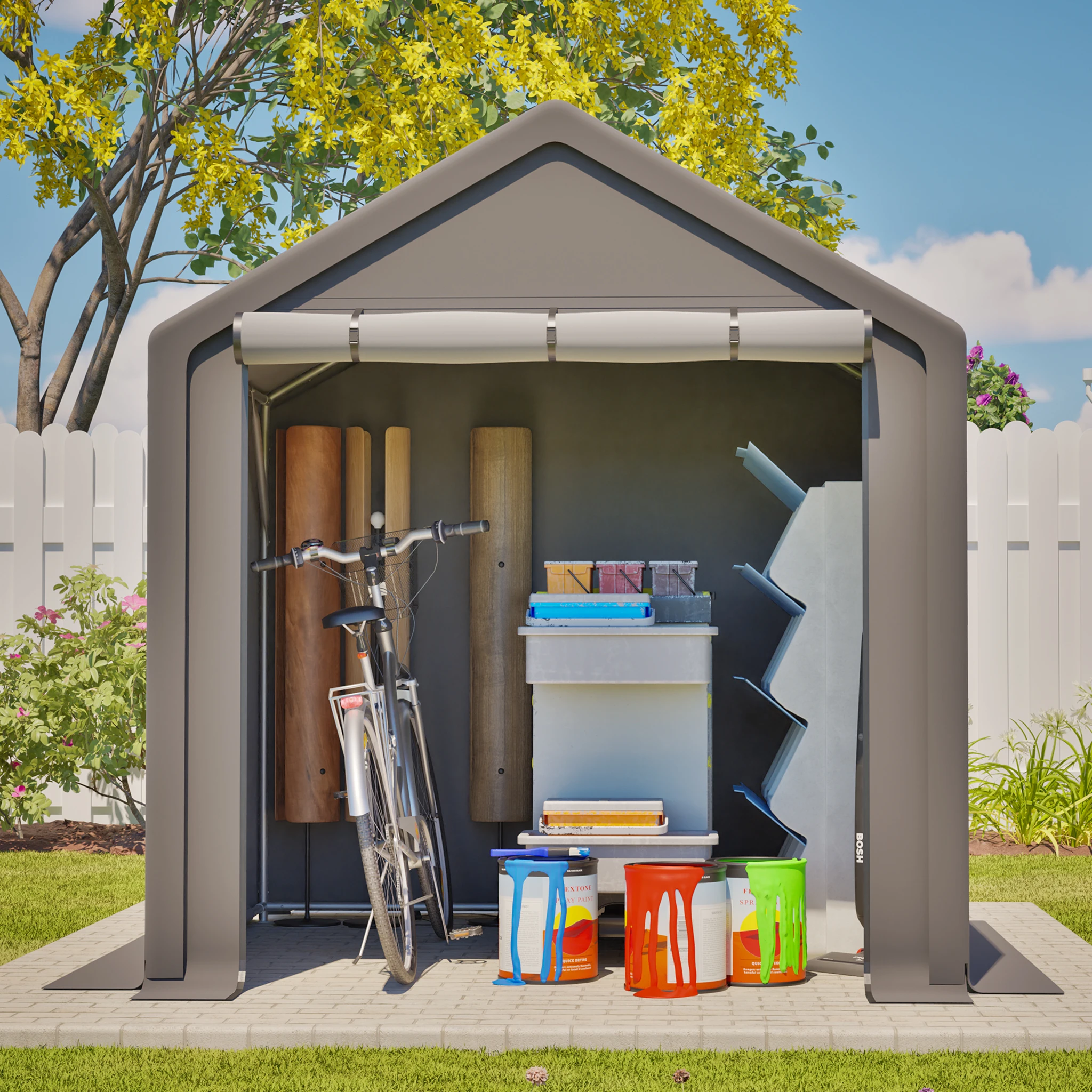Caseta de Almacenamiento para Bicicletas de 6x6 Pies para Exteriores, Estructura de Acero, Resistente al Agua y a los Rayos UV, con Puerta Enrollable