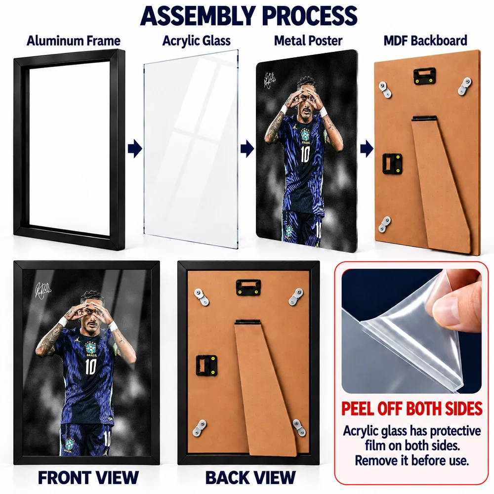 Raphinha Brazil National Team Football Framed Aluminum Metal Poster Customized Match Action Photography Wall Art For Sports Room