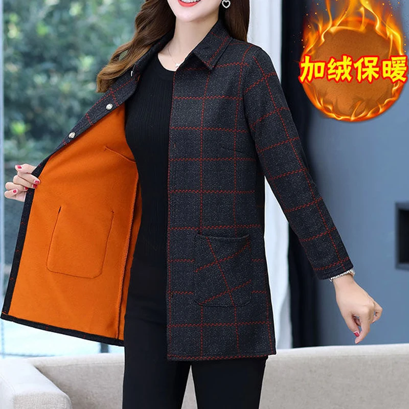 Winter New Plaid Fleece Pockets Patchwork Blouse Long Sleeve Loose Plus Size Vintage Shirt Tops Casual Fashion Women Clothing