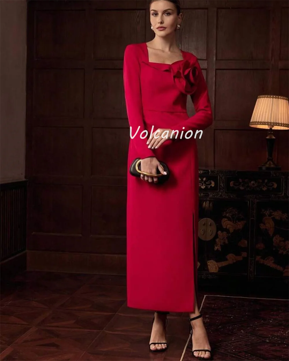 Personalizado estilo moderno elegante jérsei artesanal flor plissado em linha reta pescoço quadrado tornozelo comprimento vestidos sob medida vestidos de ocasião