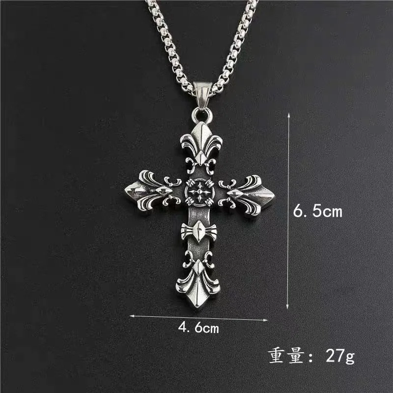 Hip-Hop Trendy Brand for Men Women Necklace Flame Cross Simple Pendant Retro Accessories Sweater Chain Jewelry Gift