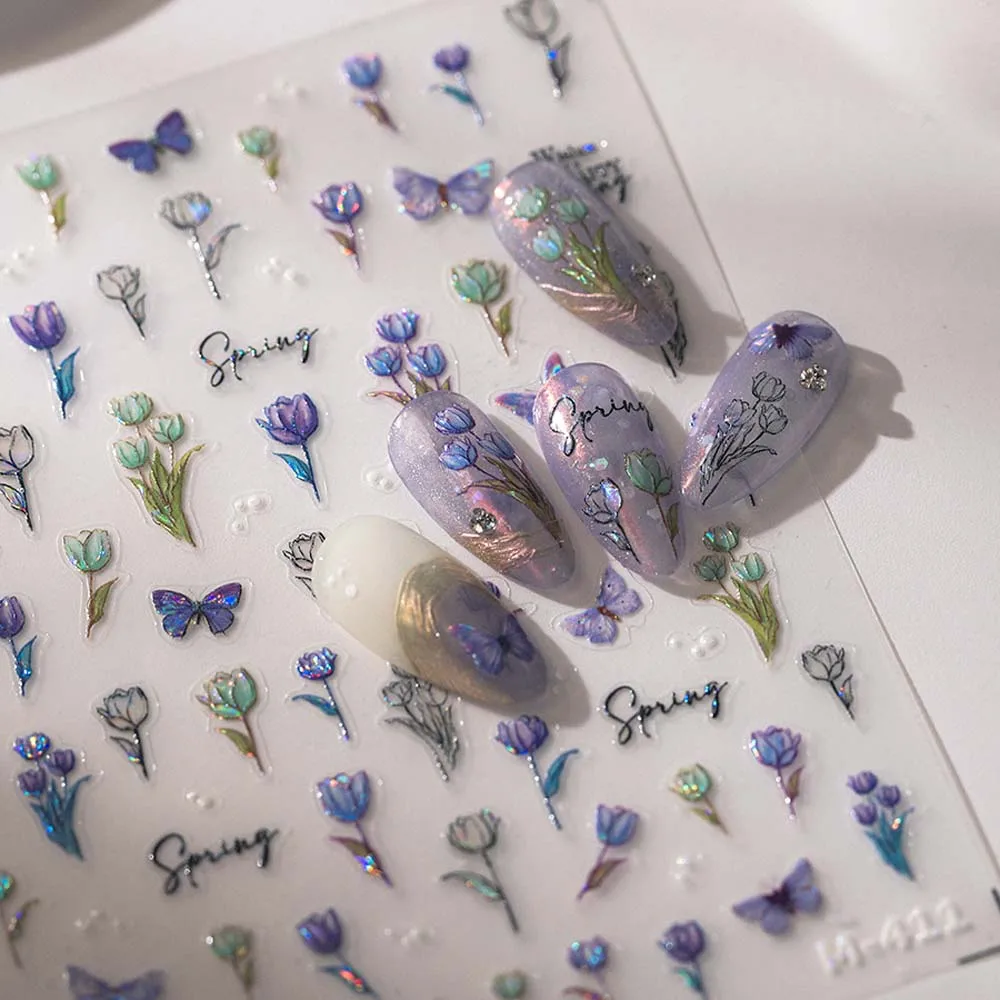 5D Embossed Nail Stickers Art Decorations Adhesive Bronzing Butterfly Rose Tulip Decals