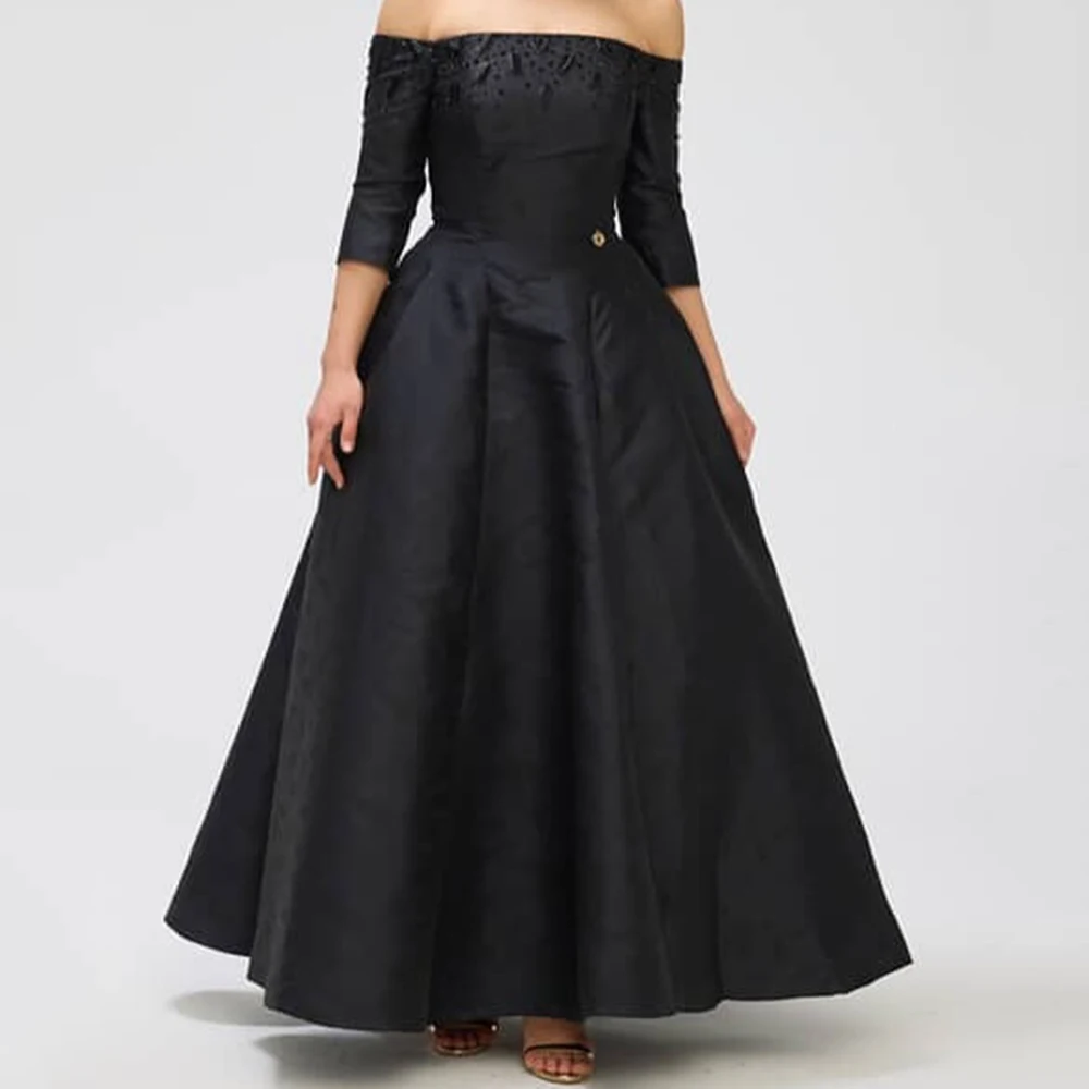 

Customized A-line Evening Dresses Ankle-length Off The Shoulder Three Quarter Sleeve Prom Gown Fashion Sequined Party Gown