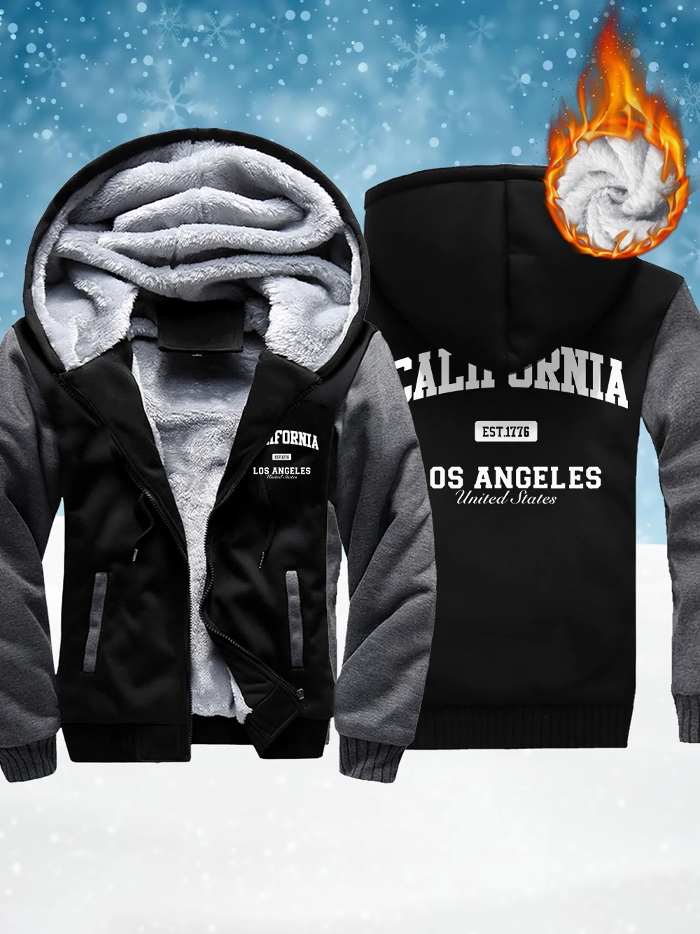 

California Los Angeles Printed Men Zipper Jackets Winter Windproof Thicken Outerwear Thermal Fleece Warm Coats Casual Male Tops